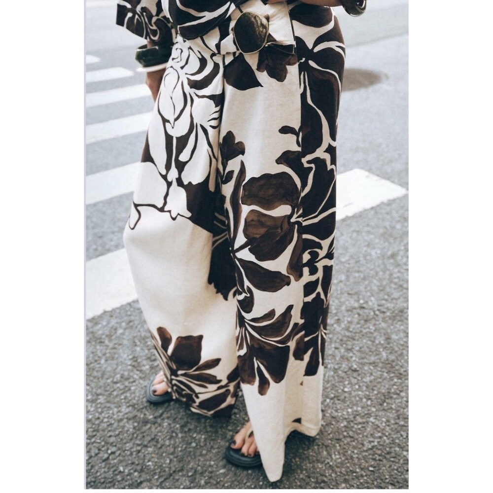 ZARA Brown Linen Floral Print Wrap Pants And Matching Top Small/Medium EUC - Picture 3 of 14